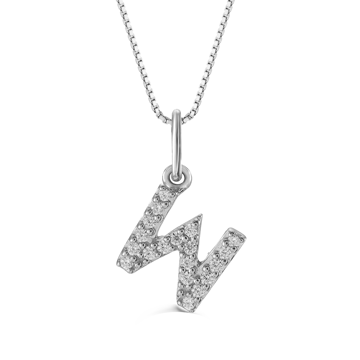 White gold "W" initial pendant with 0.06CT diamonds on a white gold cable chain.