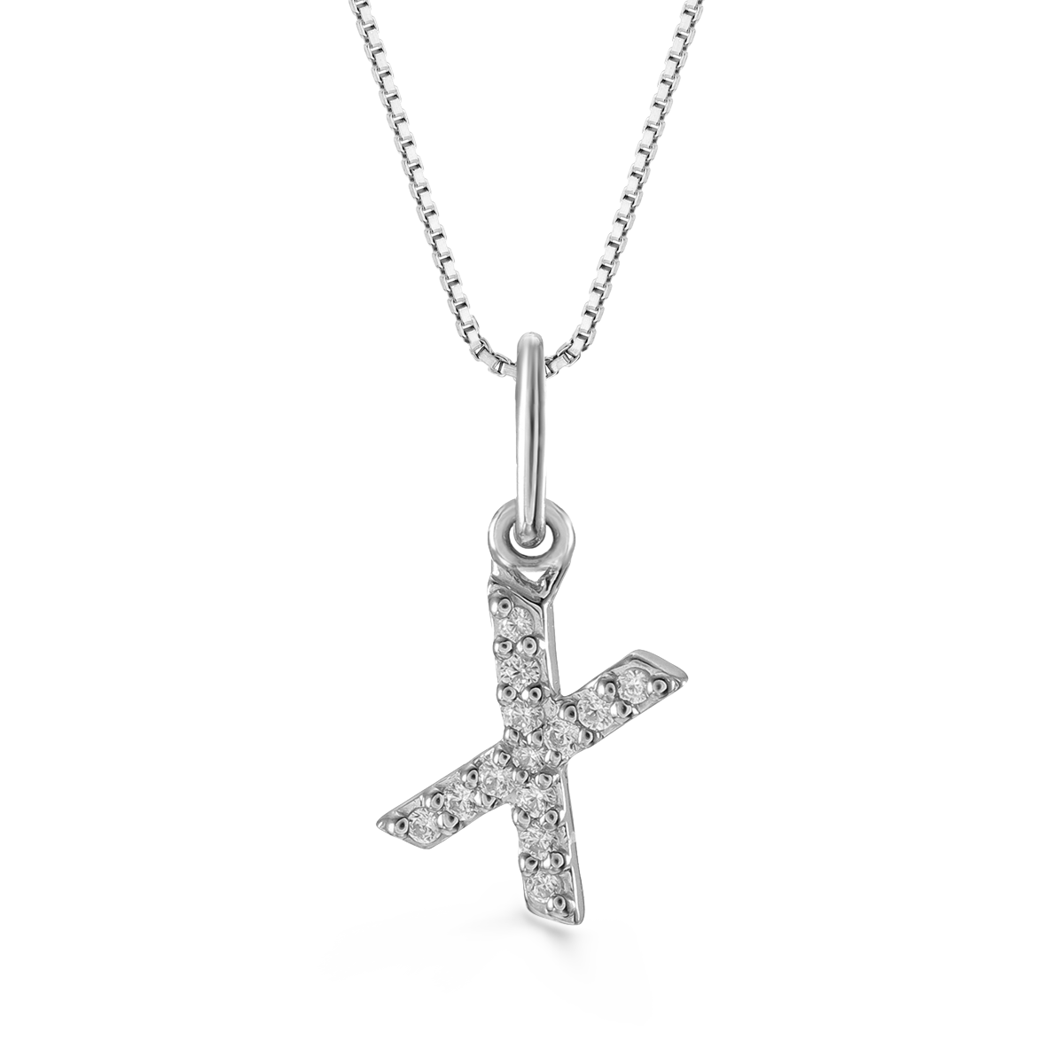 White gold "X" initial pendant with 0.04CT diamonds on a white gold cable chain.