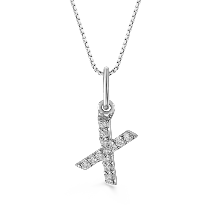 White gold "X" initial pendant with 0.04CT diamonds on a white gold cable chain.