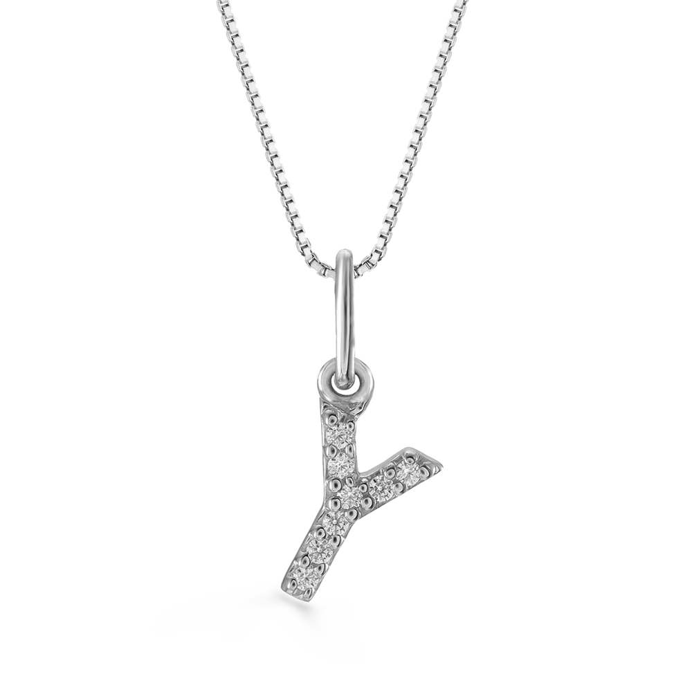 White gold "Y" initial pendant with 0.03CT diamonds and cable chain.