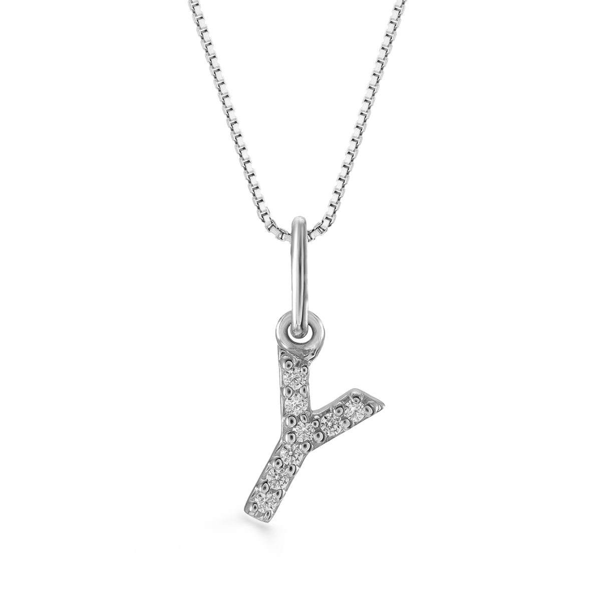 White gold "Y" initial pendant with 0.03CT diamonds and cable chain.