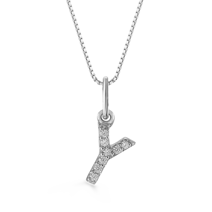 White gold "Y" initial pendant with 0.03CT diamonds and cable chain.