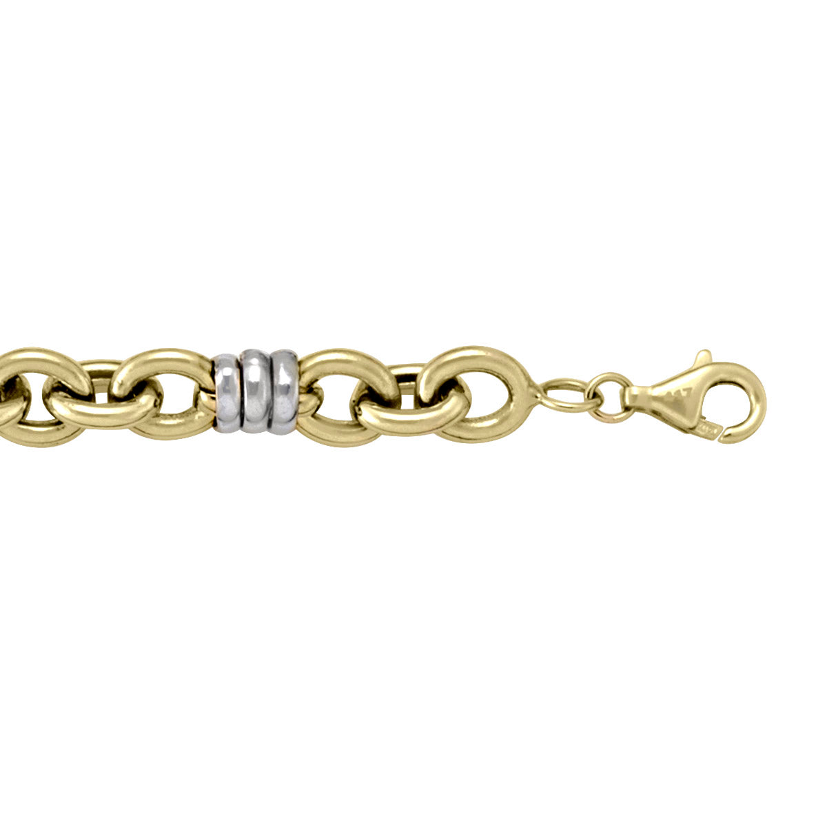 Two-tone gold bracelet with hollow fancy links, featuring yellow and white gold, 7.5 inches long, 7.7 mm wide.