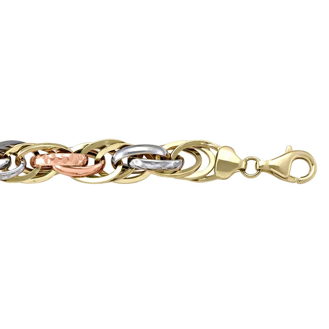 10k tri-color hollow fancy link bracelet with yellow, white, and rose gold links and a lobster clasp.