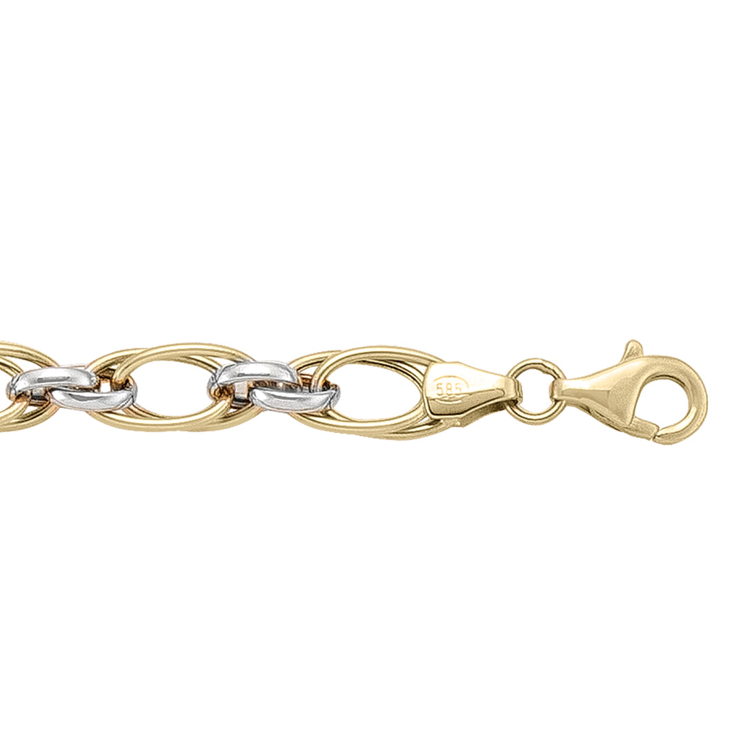 Two-tone gold bracelet with intricate hollow fancy links, featuring yellow and white gold, 7.5 inches long, 6.7 mm wide.