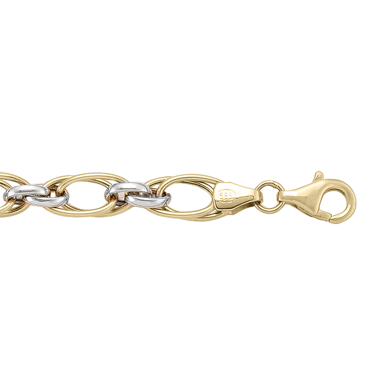 Two-tone gold bracelet with intricate hollow fancy links, featuring yellow and white gold, 7.5 inches long, 6.7 mm wide.