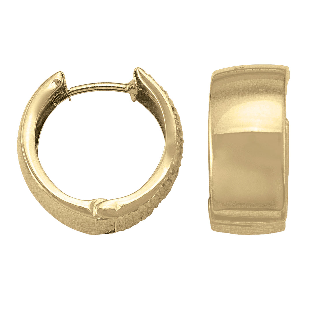 14K yellow gold huggie earrings with a polished finish, 16.1mm height, and 18.1mm width.