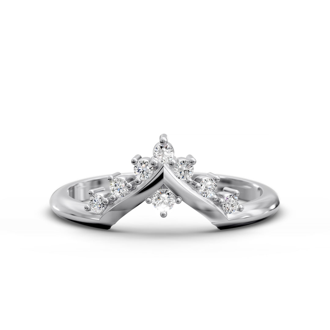 V shaped wishbone gold ring with round diamonds in chevron design