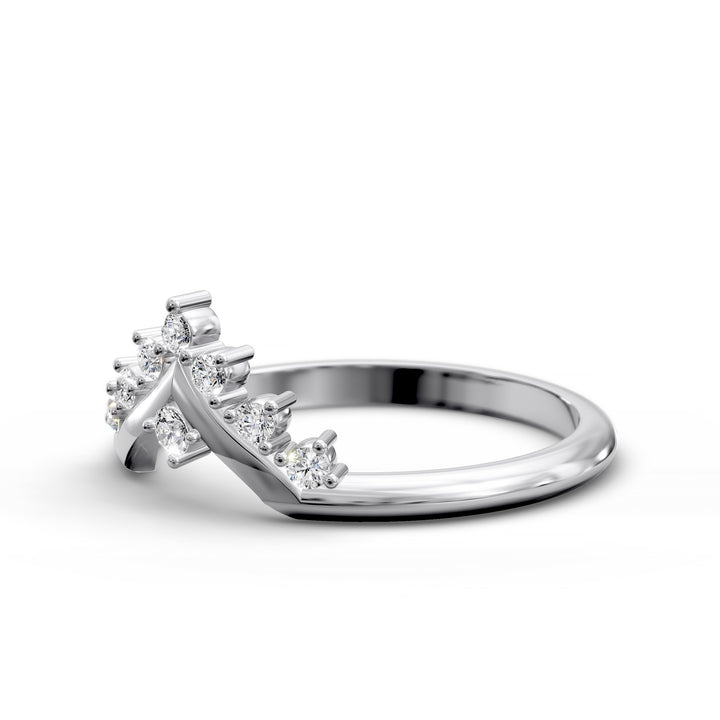 V shaped wishbone gold ring with round diamonds in chevron design