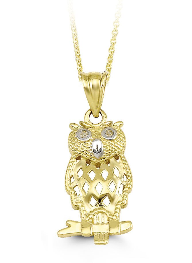 10K gold owl pendant necklace with cubic zirconia eyes on a 16-inch chain.