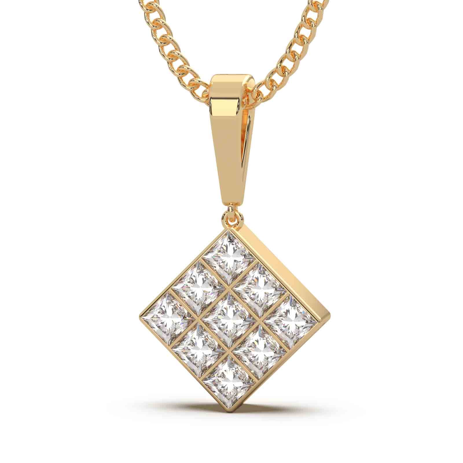 Gold pendant with a square cluster of princess cut diamonds set in a bezel style, hanging from a gold chain.