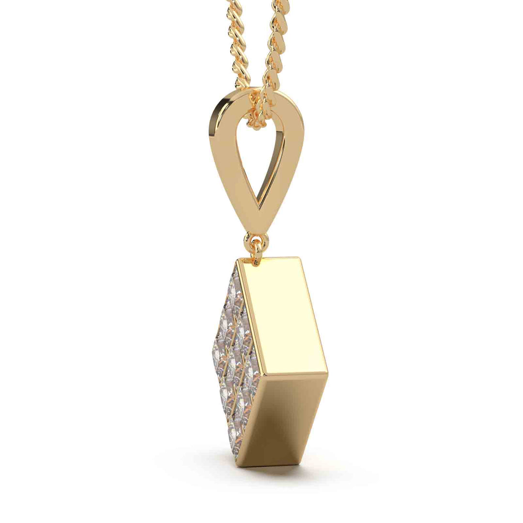 Gold pendant with a square cluster of princess cut diamonds set in a bezel style, hanging from a gold chain.