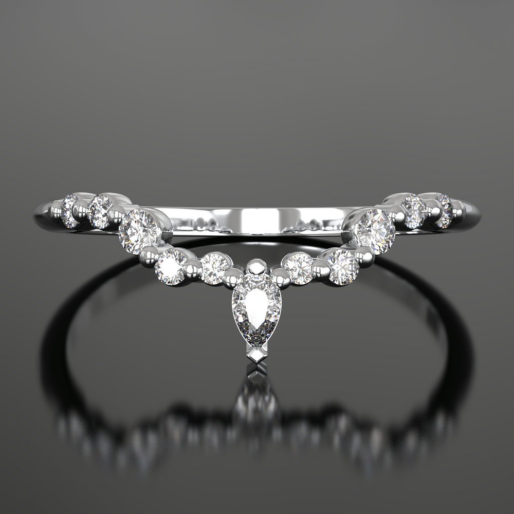 V-shaped wedding band with floating pear and round lab-grown diamonds in a shared prong setting.