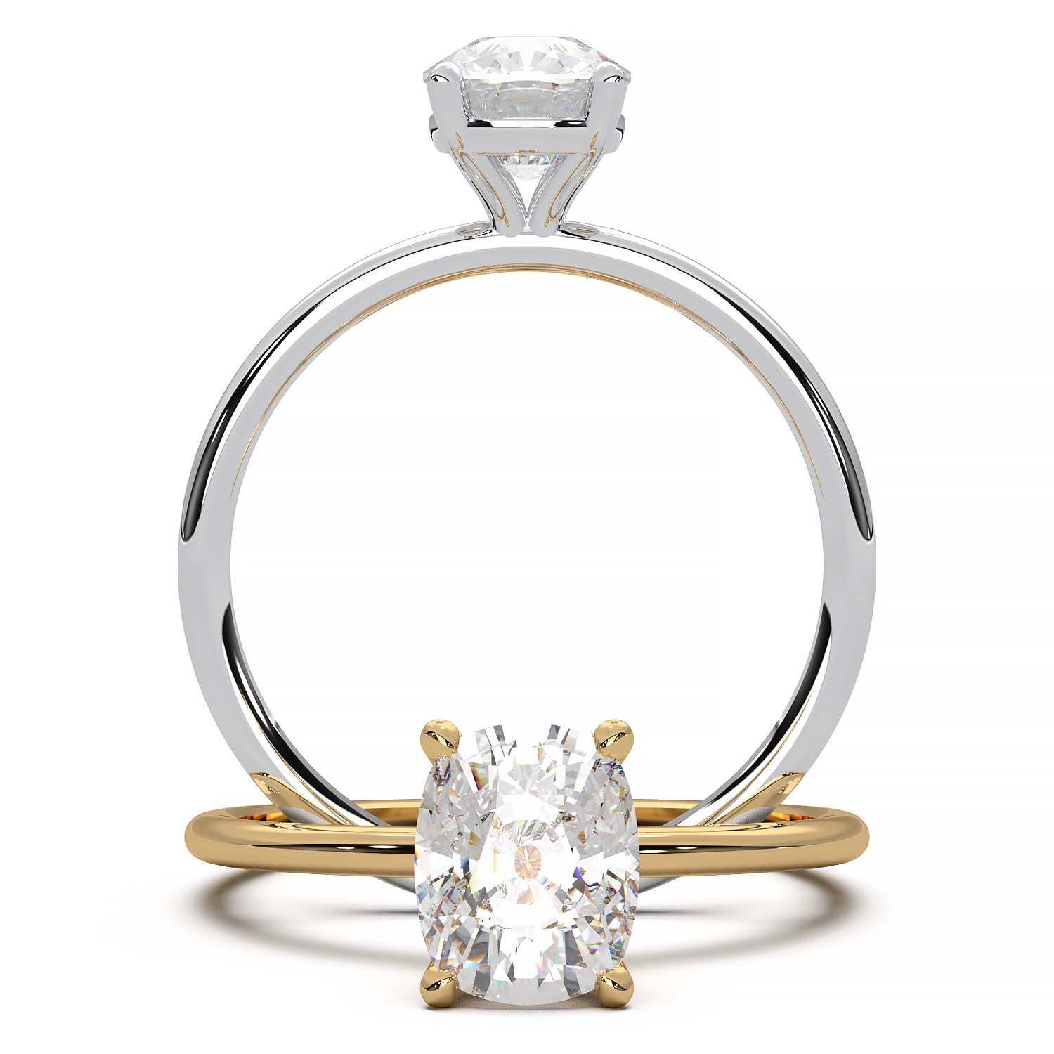 Gold engagement ring featuring a cushion-cut diamond in a four-prong setting.