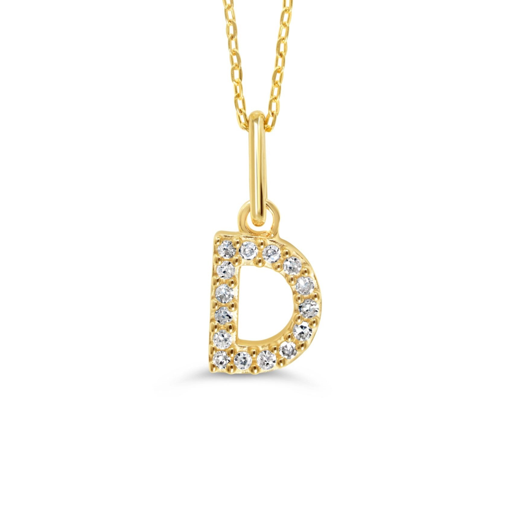 Yellow gold diamond "D" pendant necklace with 0.05CT diamonds and cable chain.