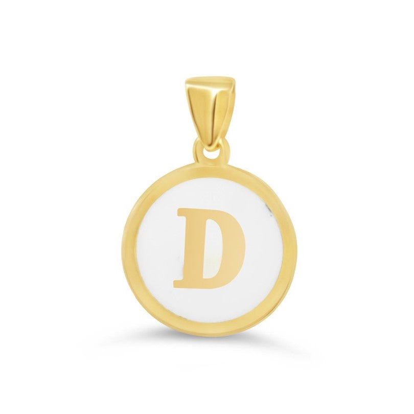 10K gold initial "D" pendant featuring a white enamel round design with a polished gold frame.