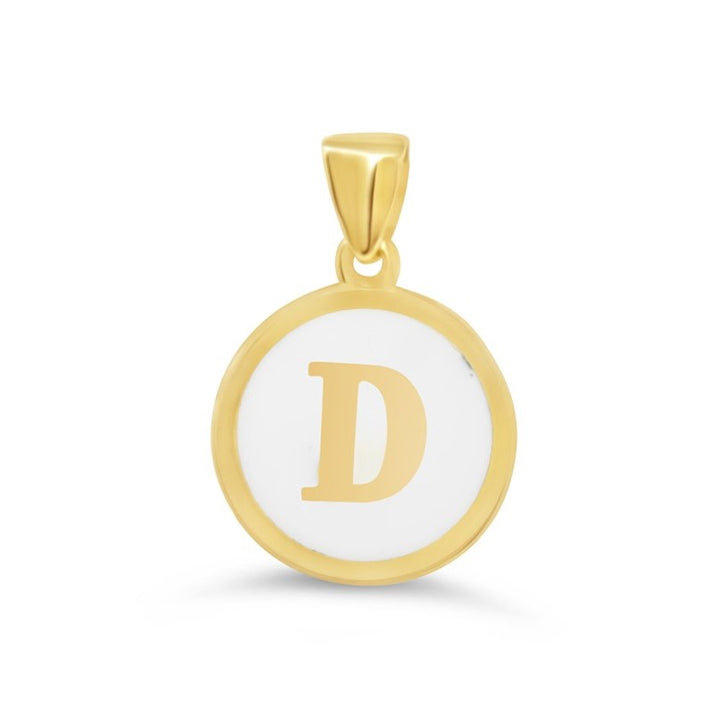 10K gold initial "D" pendant featuring a white enamel round design with a polished gold frame.