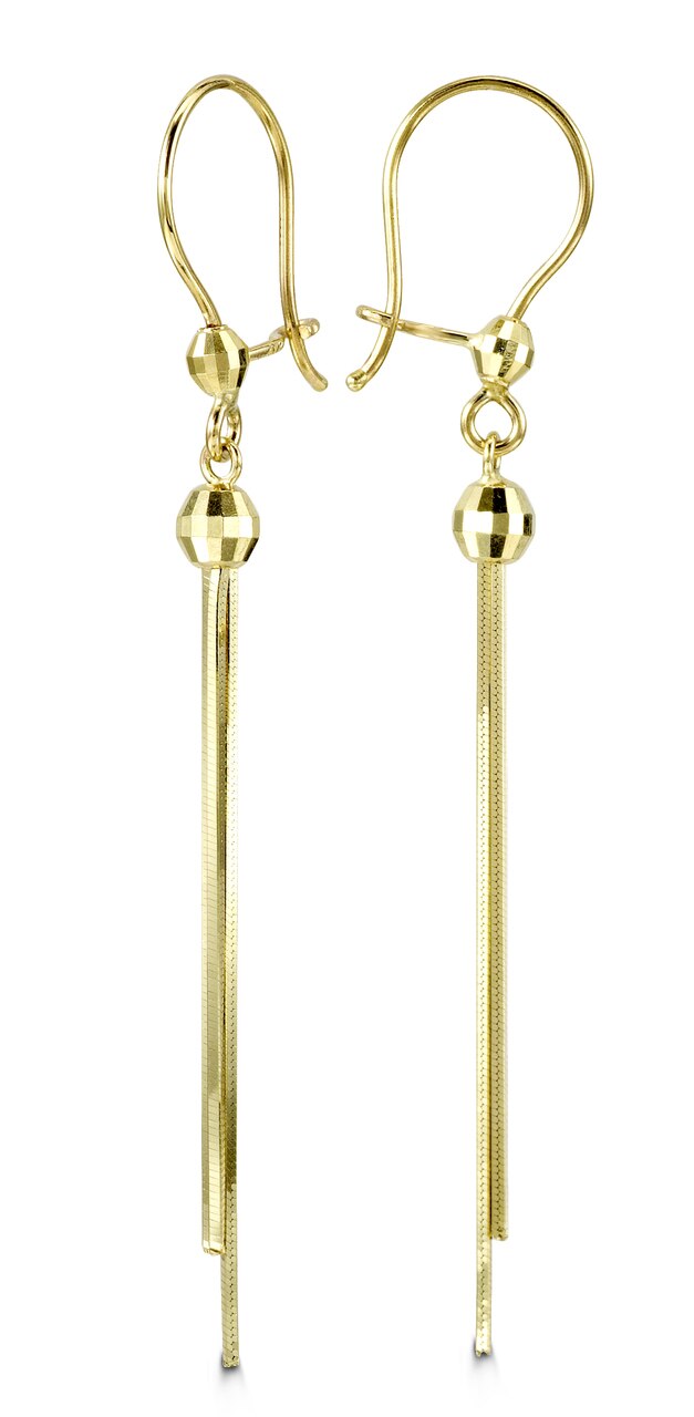 10k yellow gold long drop earrings with faceted bead detail and 55mm length.