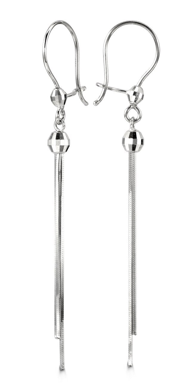 10k white gold long drop earrings featuring faceted bead accents and a polished finish.