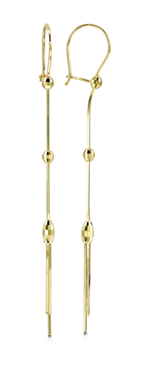 10k yellow gold long drop earrings with faceted bead accents and a lever-back closure.