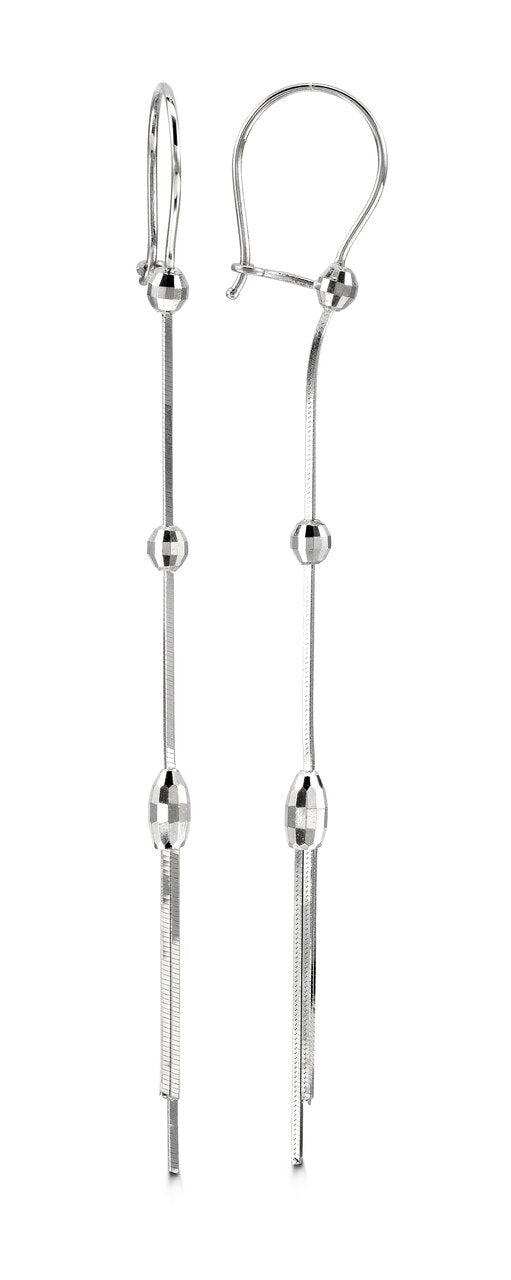 10k White Gold Long Drop Earrings – Faceted Bead Accents