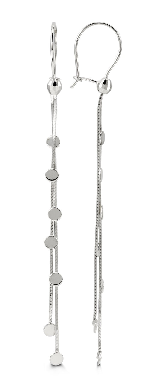 10k white gold long drop earrings featuring polished strands with circular disc accents.