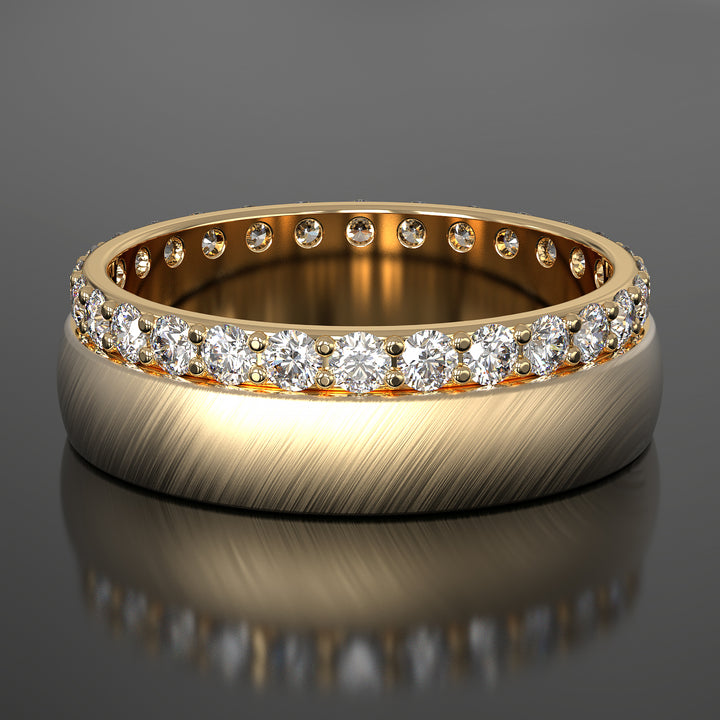 Dual-sided diamond band with lab-grown diamonds and angled brushed pattern.