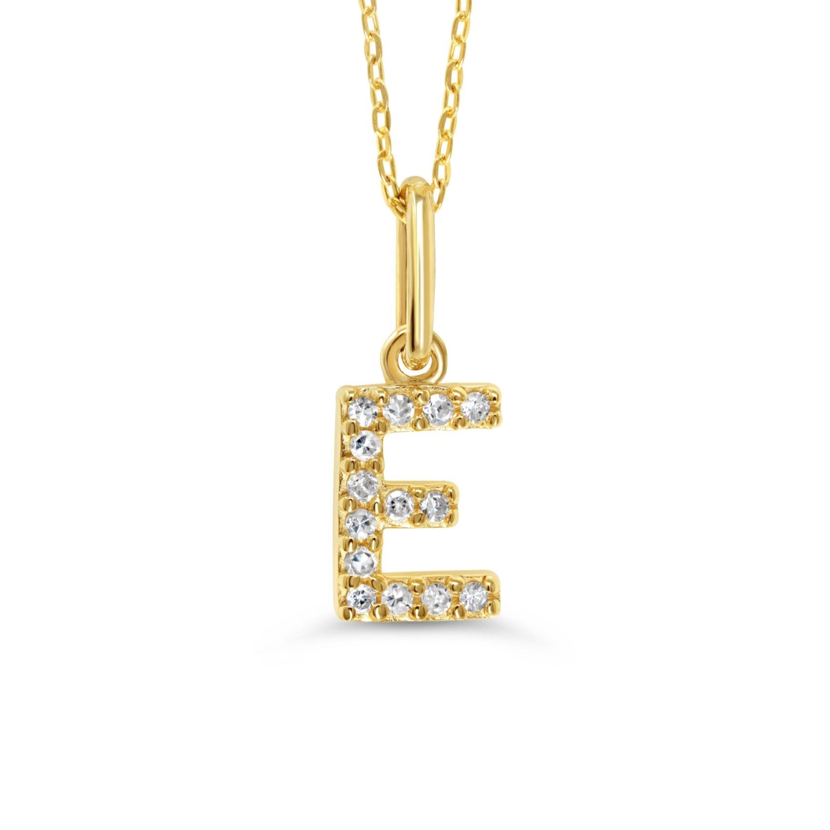 Yellow gold diamond "E" pendant necklace with 0.05CT diamonds and cable chain.