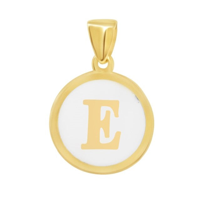 10K Gold Initial "E" Pendant with white enamel background and polished gold frame.