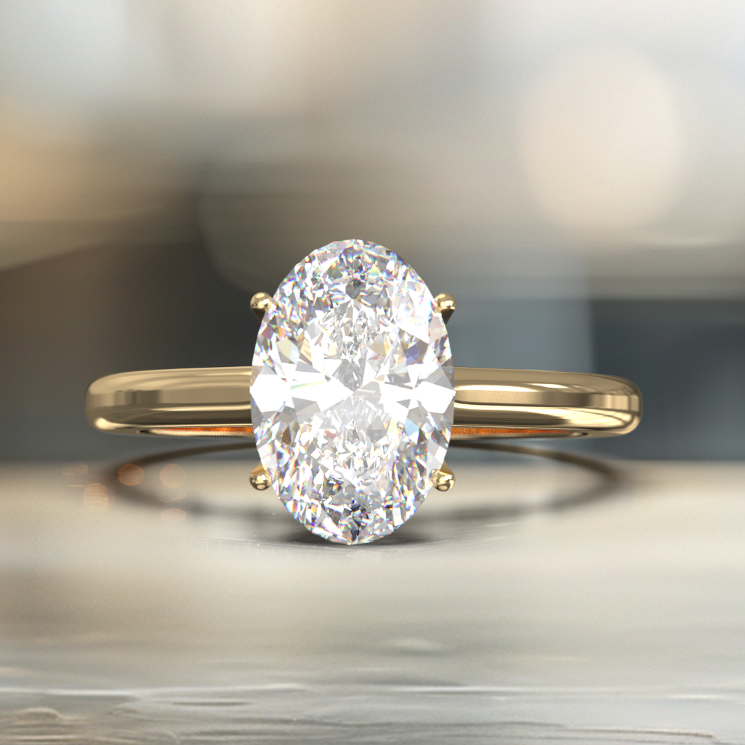 Oval diamond cathedral solitaire engagement ring shown on a classic polished band
