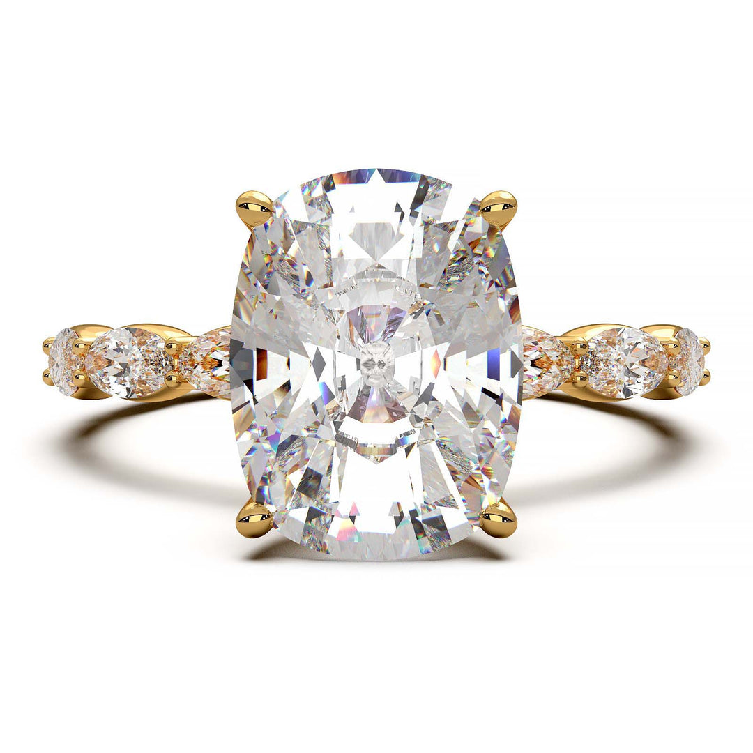 Low-setting engagement ring with 3.6 carat elongated cushion cut diamond and oval lab-grown diamond accents.