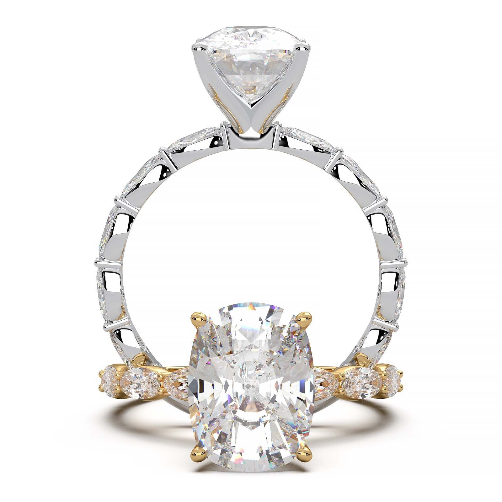 Low-setting engagement ring with 3.6 carat elongated cushion cut diamond and oval lab-grown diamond accents.