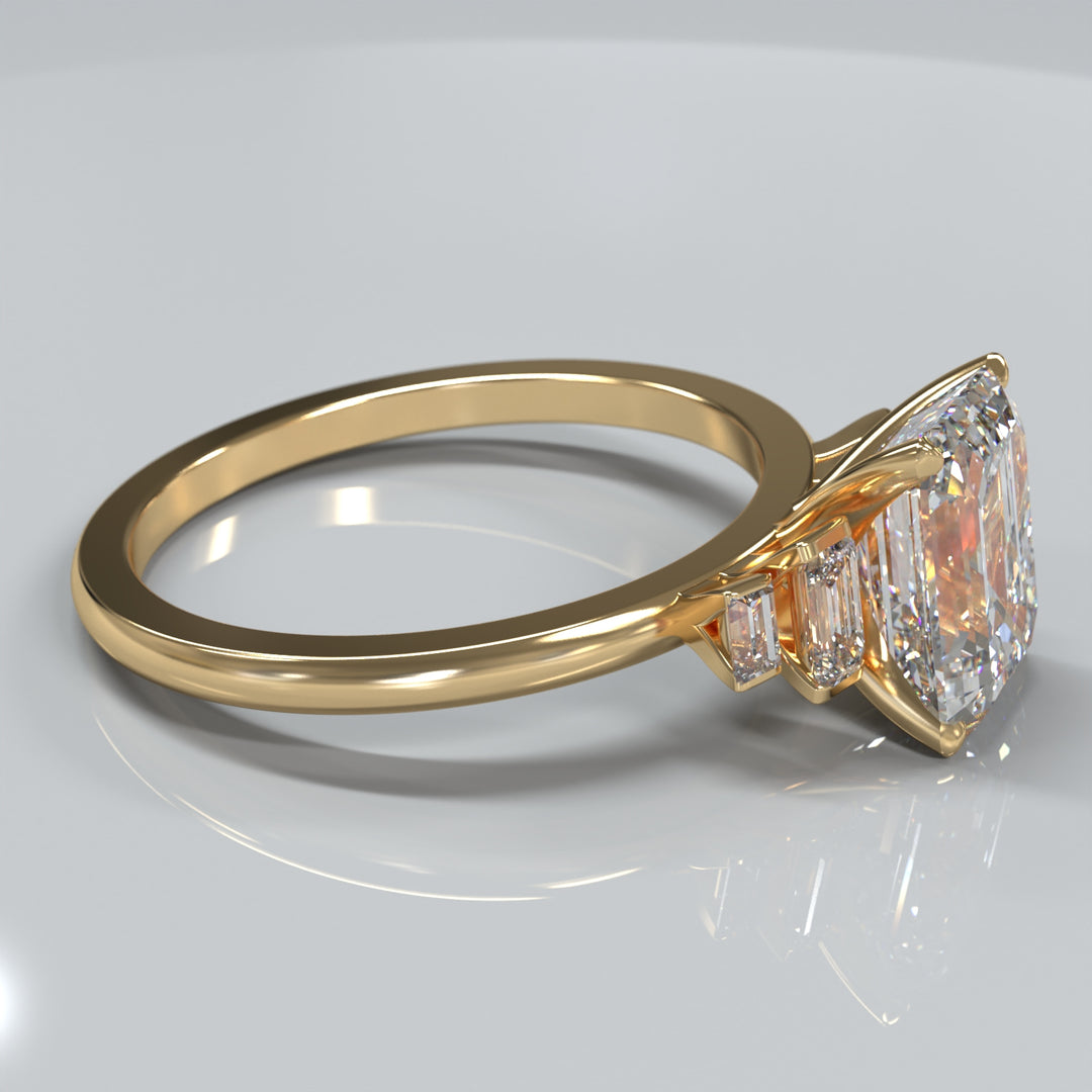 emerald-cut five-stone engagement ring with tapered baguette side diamonds shown from multiple angles