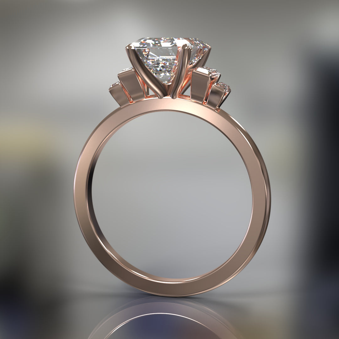 emerald-cut five-stone engagement ring with tapered baguette side diamonds shown from multiple angles