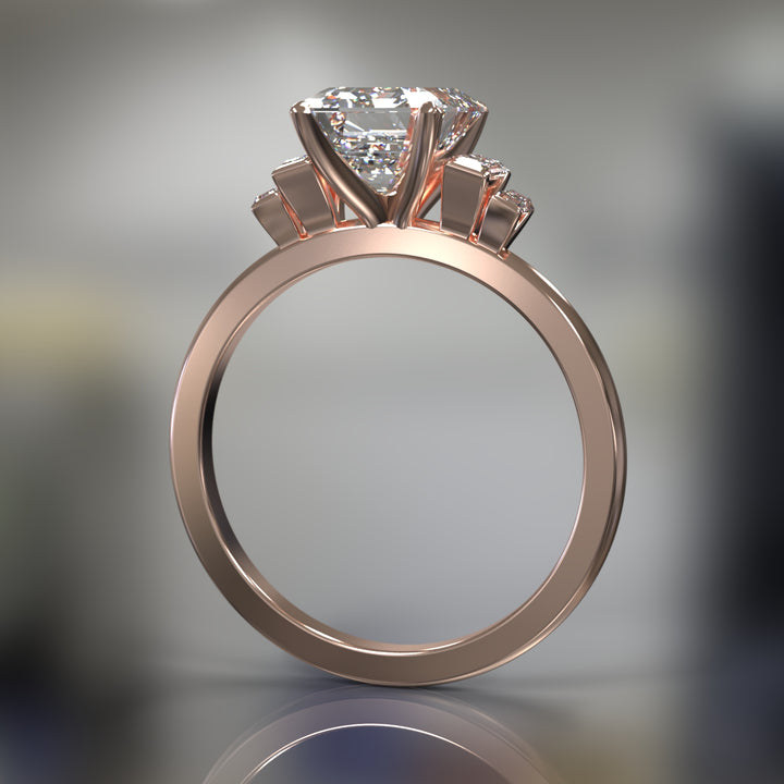 emerald-cut five-stone engagement ring with tapered baguette side diamonds shown from multiple angles