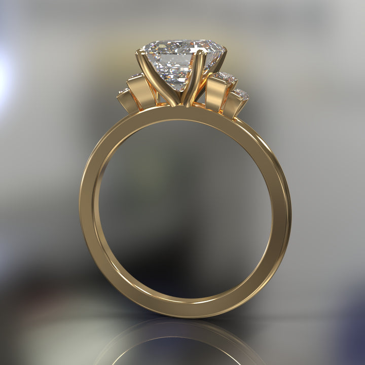 emerald-cut five-stone engagement ring with tapered baguette side diamonds shown from multiple angles