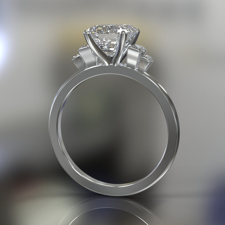 emerald-cut five-stone engagement ring with tapered baguette side diamonds shown from multiple angles