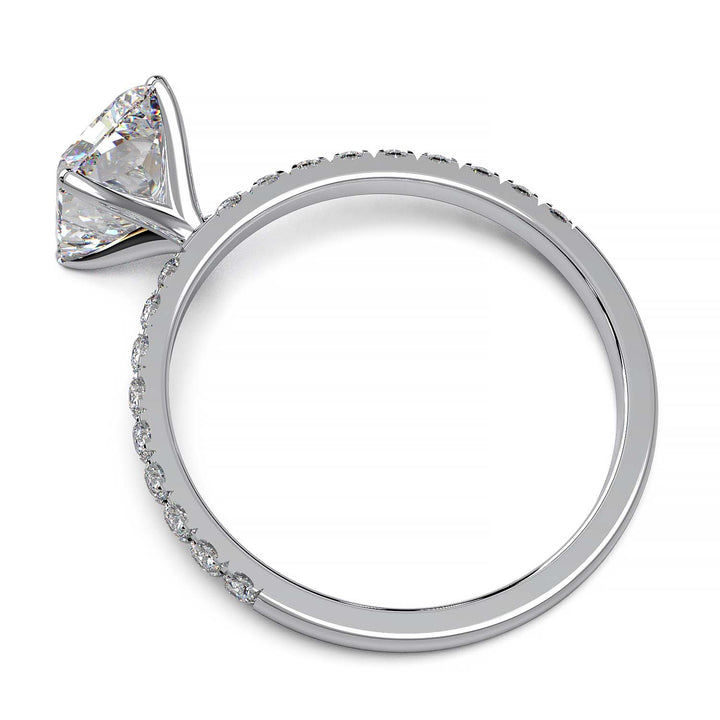 1.7 carat lab grown radiant diamond ring in pave setting available in 14k, 18k gold, and platinum.