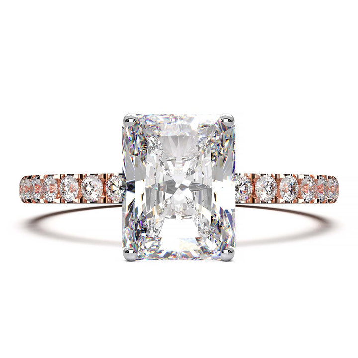 1.7 carat lab grown radiant diamond ring in pave setting available in 14k, 18k gold, and platinum.