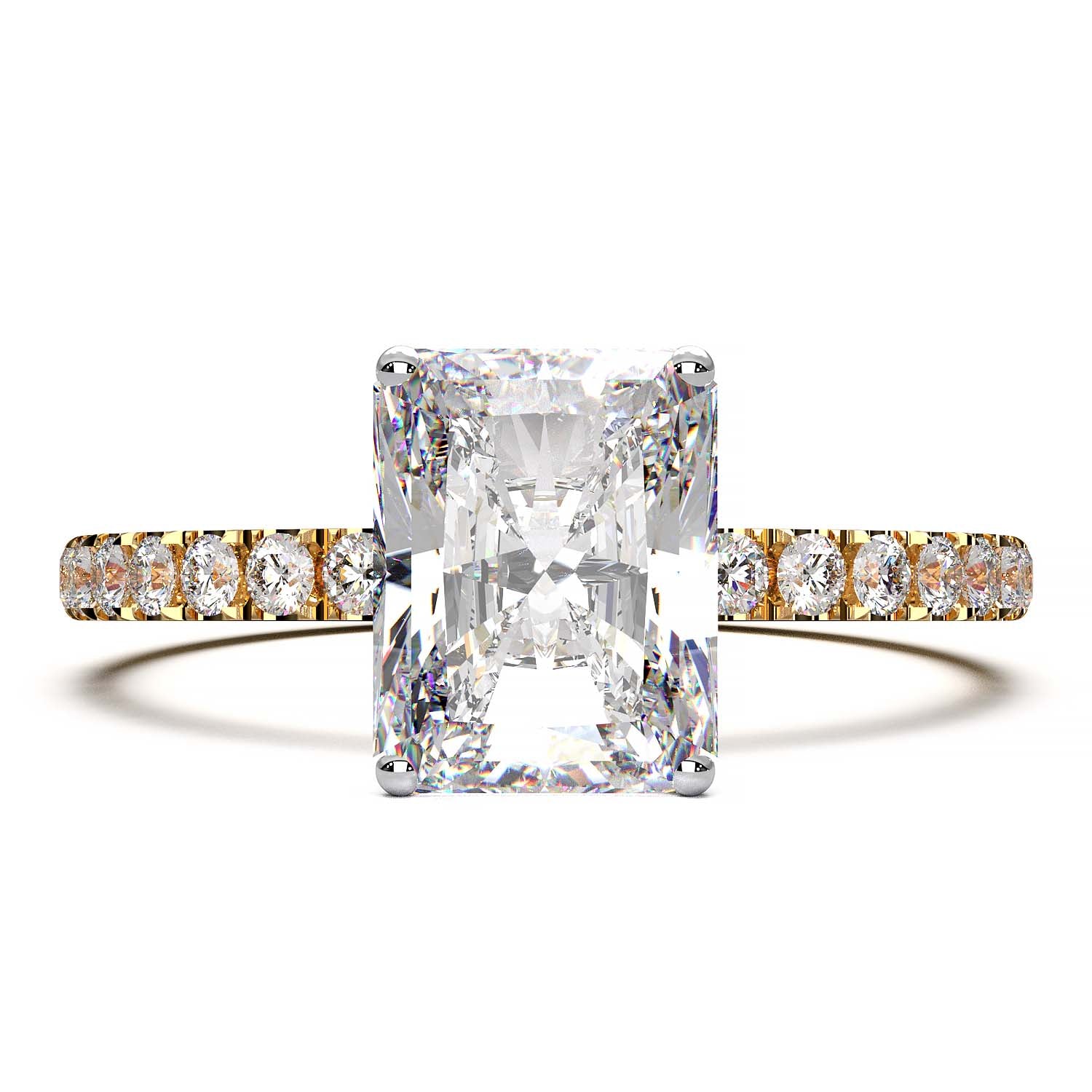 1.7 carat lab grown radiant diamond ring in pave setting available in 14k, 18k gold, and platinum.