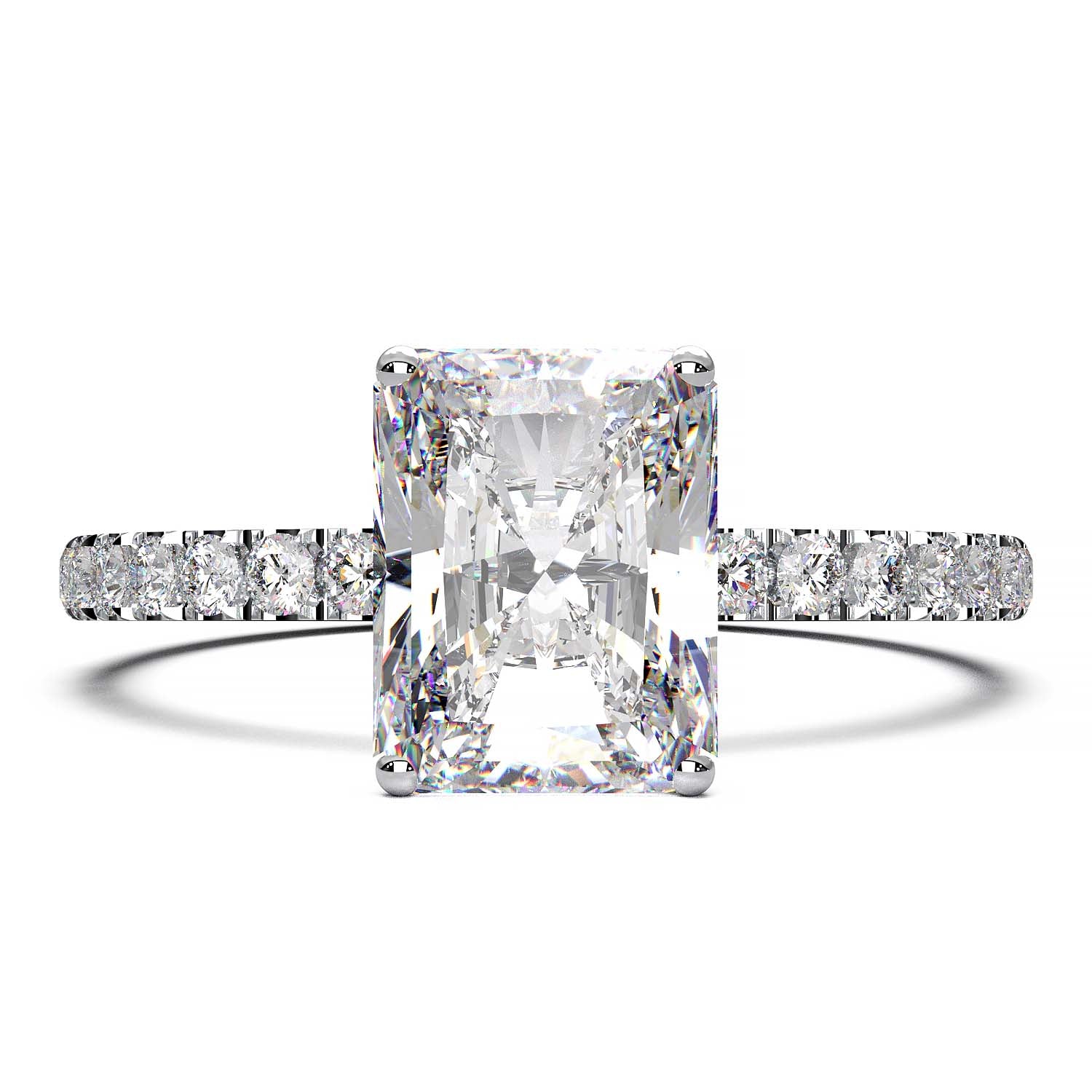 1.7 carat lab grown radiant diamond ring in pave setting available in 14k, 18k gold, and platinum.