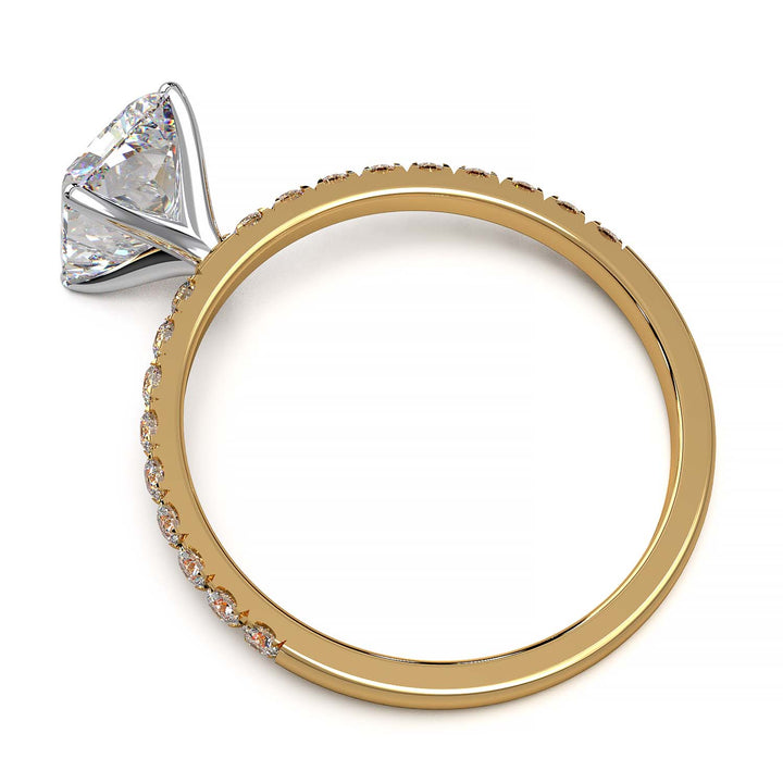 1.7 carat lab grown radiant diamond ring in pave setting available in 14k, 18k gold, and platinum.