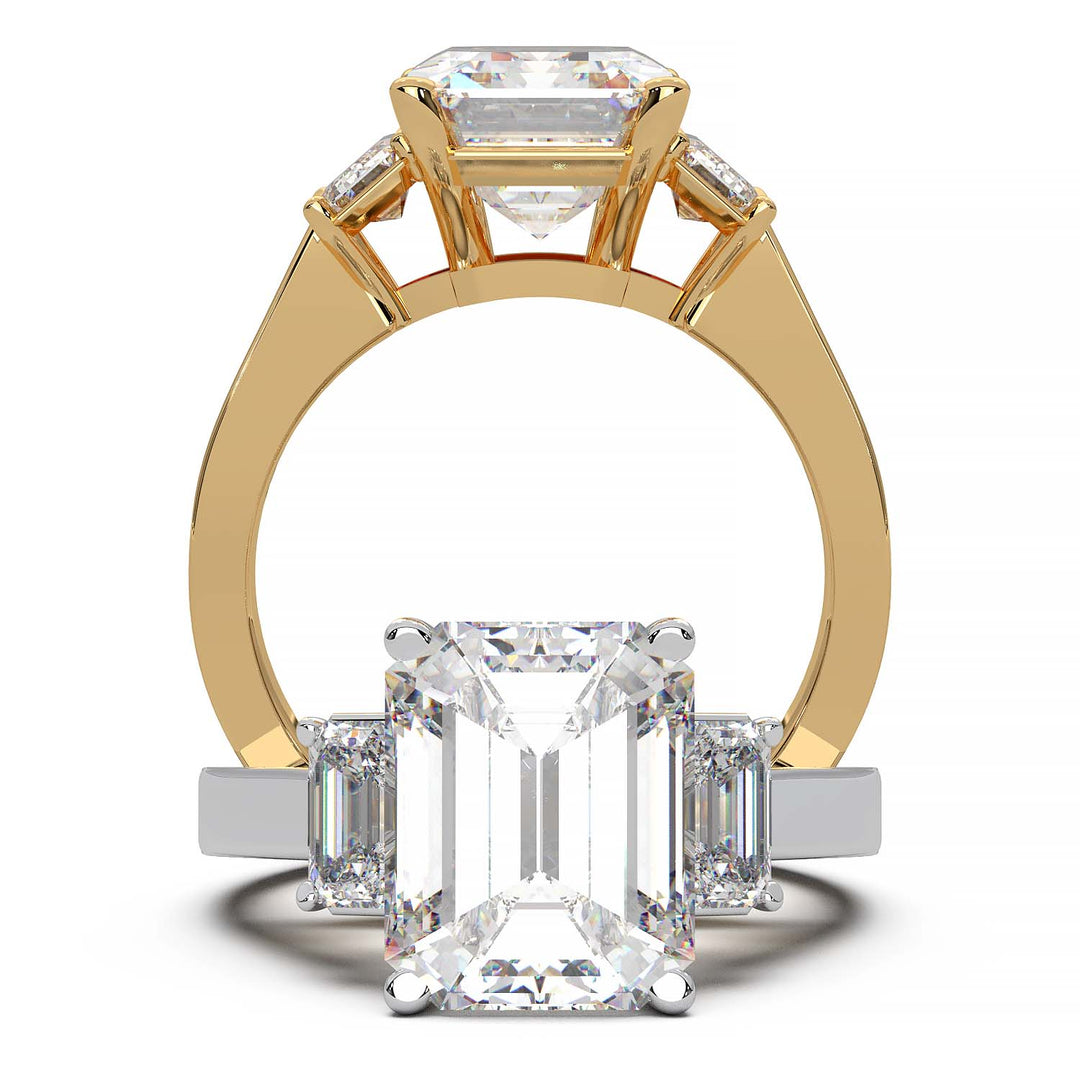 Three-stone engagement ring with 3.5 carat emerald cut lab-grown diamond center and emerald cut side stones.