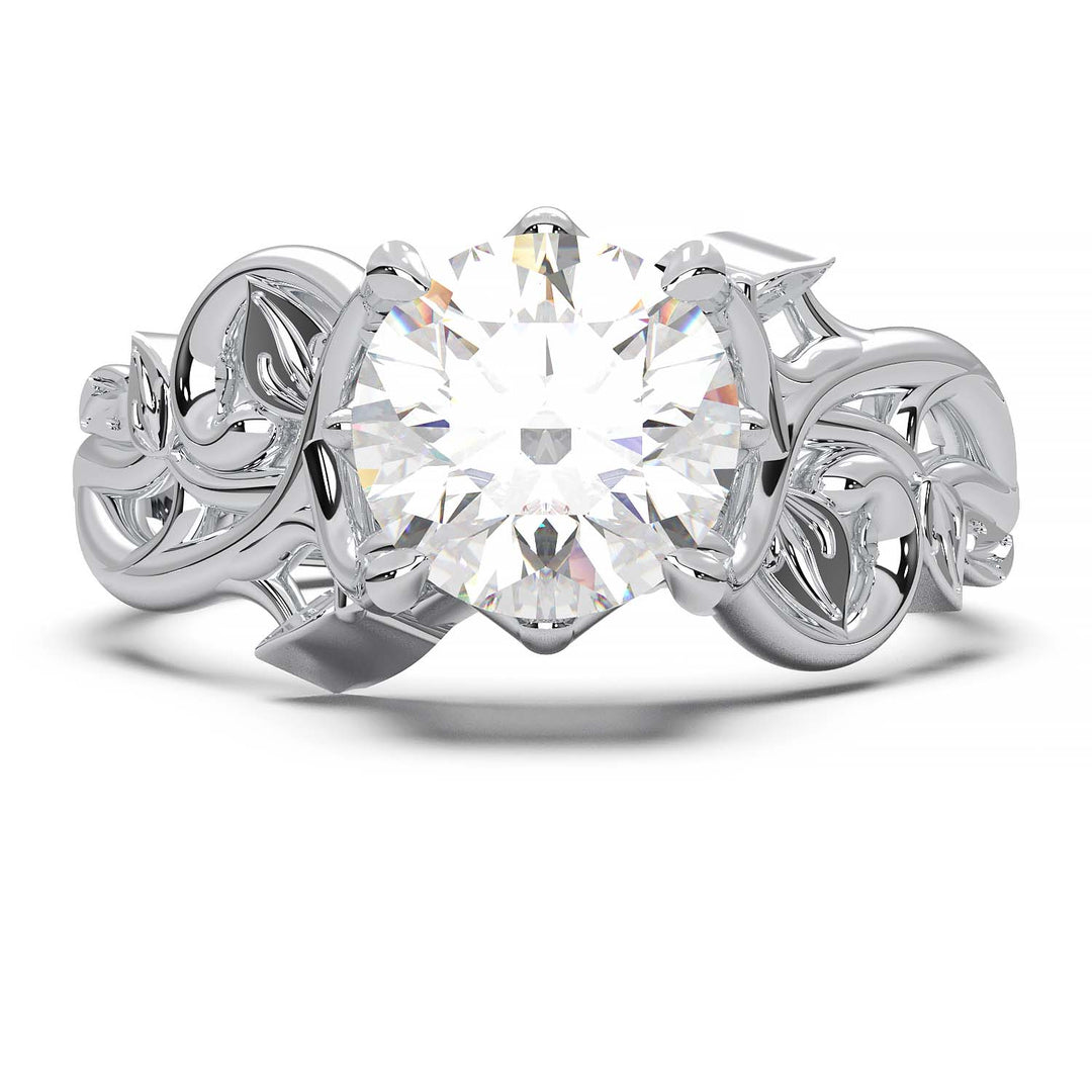 Engagement ring with a 1-carat round-cut lab grown diamond and intricate vine design.