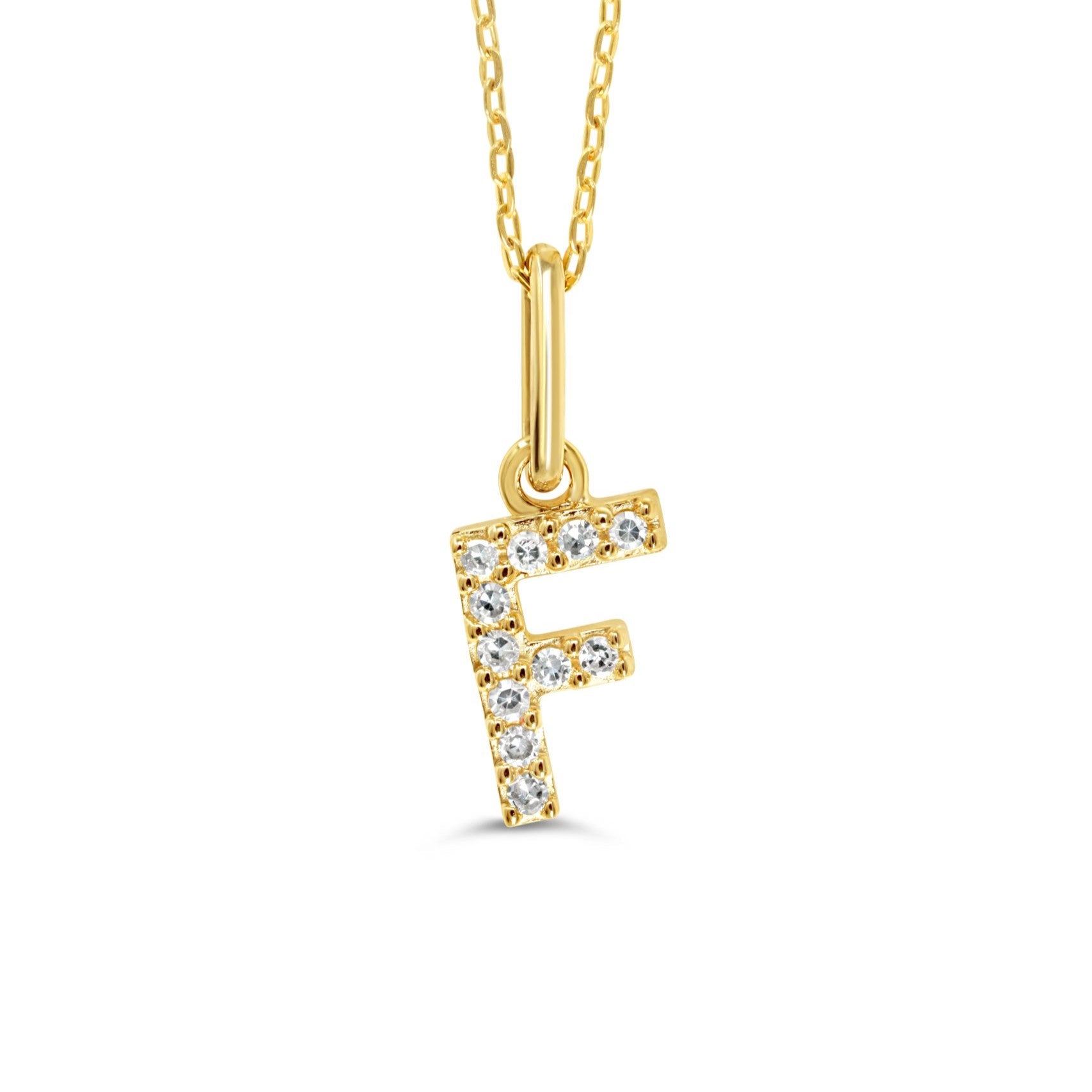 Yellow gold diamond "F" pendant necklace with 0.04CT diamonds and cable chain.