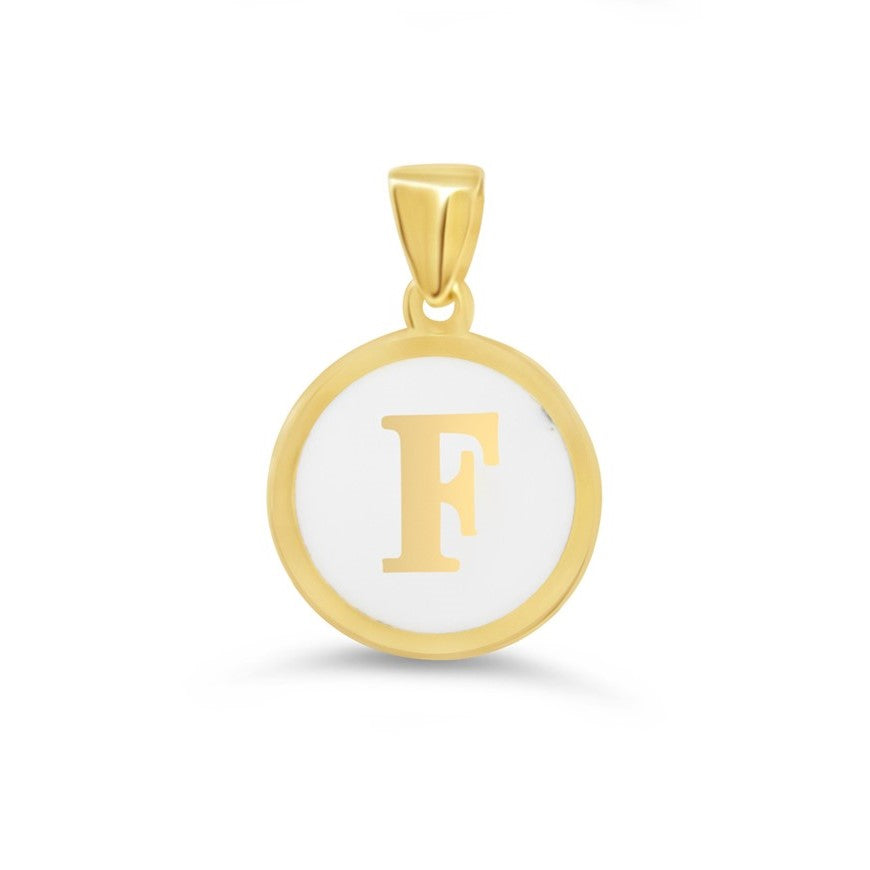 10K Gold Initial "F" Pendant with white enamel background and polished gold frame.