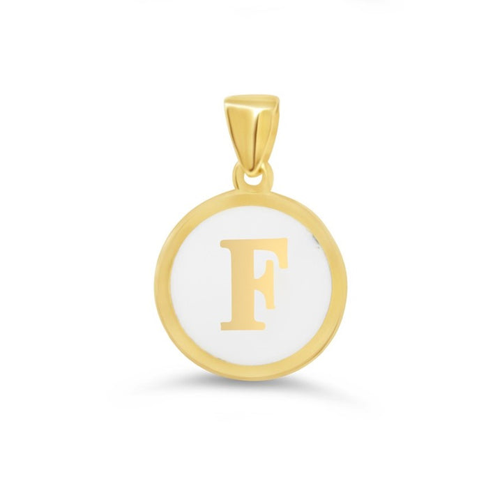 10K Gold Initial "F" Pendant with white enamel background and polished gold frame.