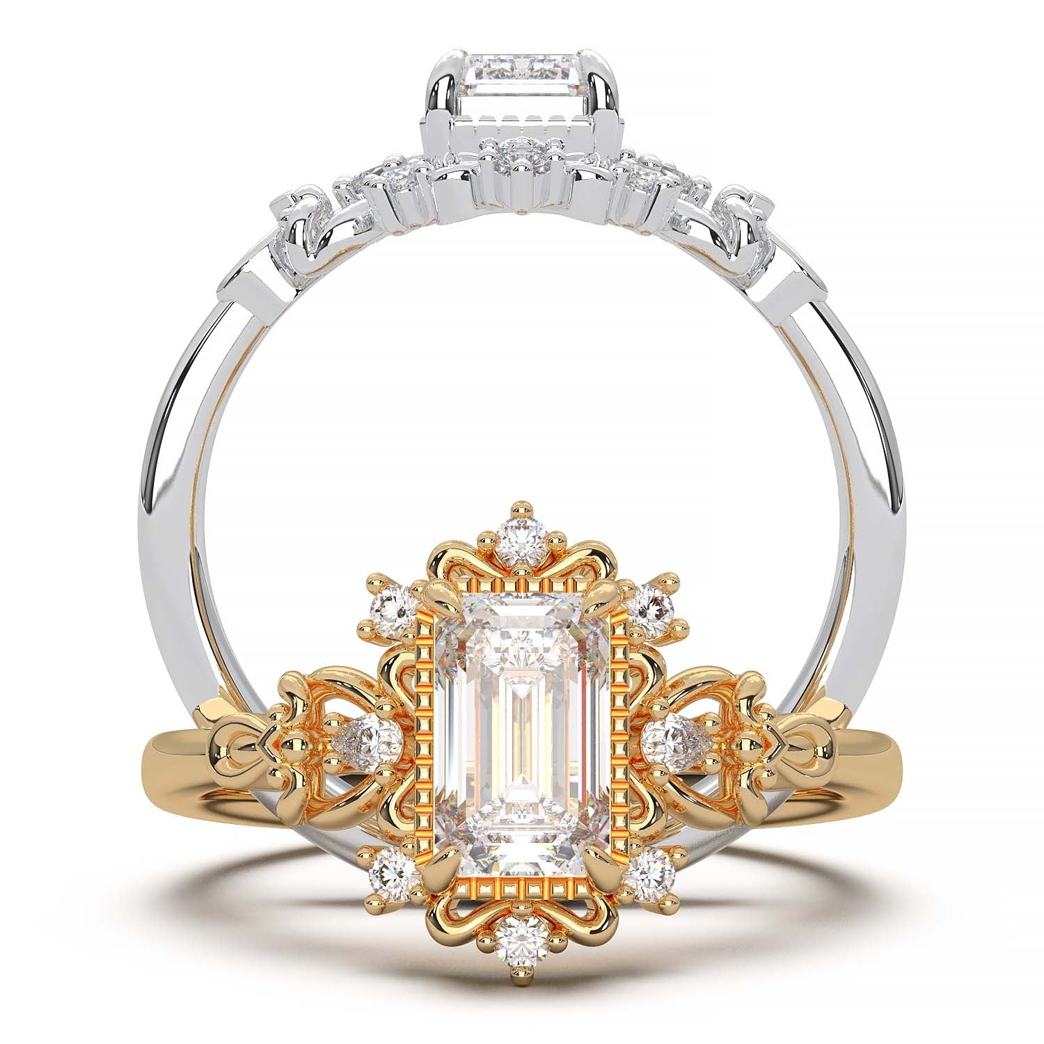 Vintage engagement ring with emerald cut diamond and filigree details.