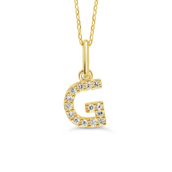 Yellow gold diamond "G" pendant necklace with 0.05CT diamonds and cable chain.