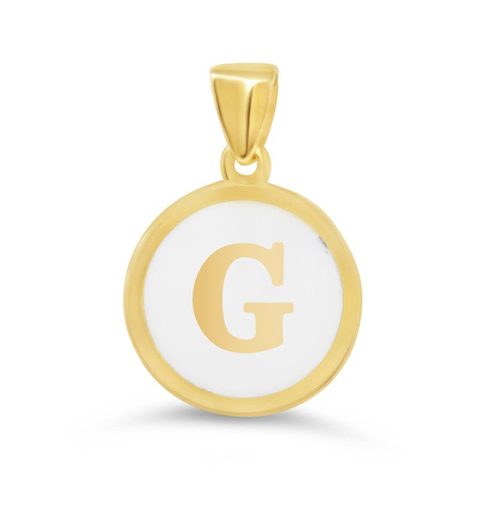 10K Gold Initial "G" Pendant with polished gold frame and white enamel background.